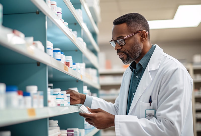 Male pharmacist in white coat examining prescription medication bottle among shelves of pharmaceuticals