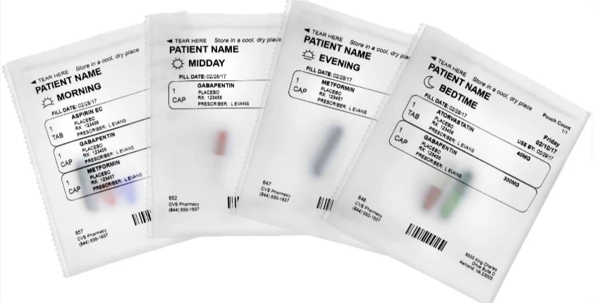 MultiDose medication pouches organized by scheduled administration time